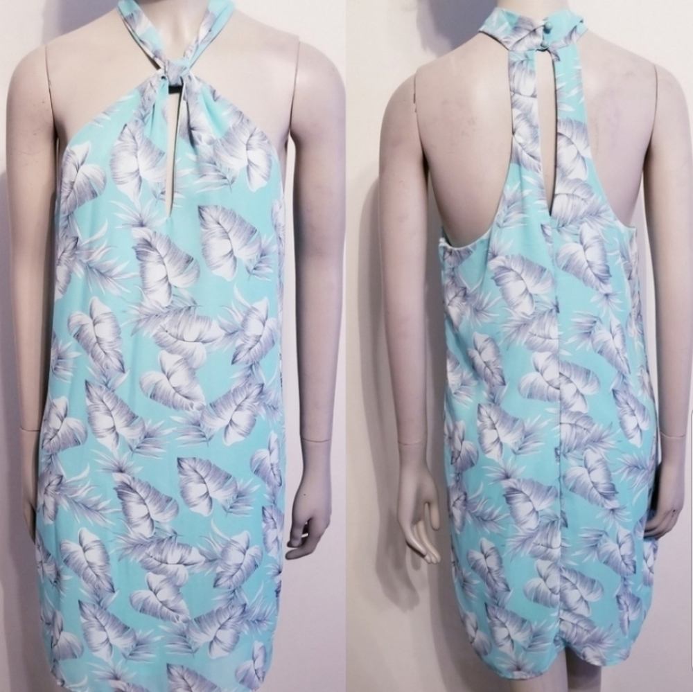 NWT Mint Blue Halter Floral Print Halter Mini Dress Sz Small